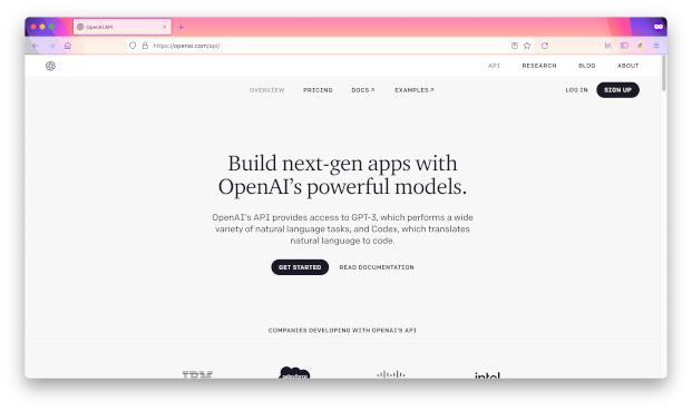 一张低分辨率屏幕截图，展示了打开 OpenAI API 网页的浏览器