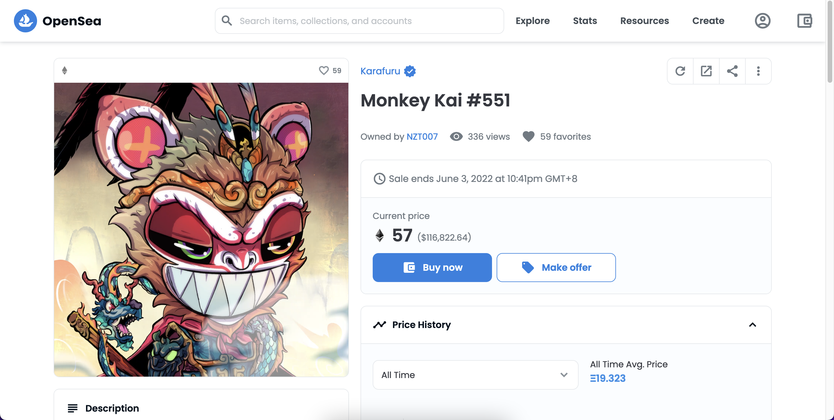 一张来自 opensea.io 的屏幕截图，展示了名为 Monkey Kai #551 的数字艺术品正在进行交易，当前价格为 57 ETH