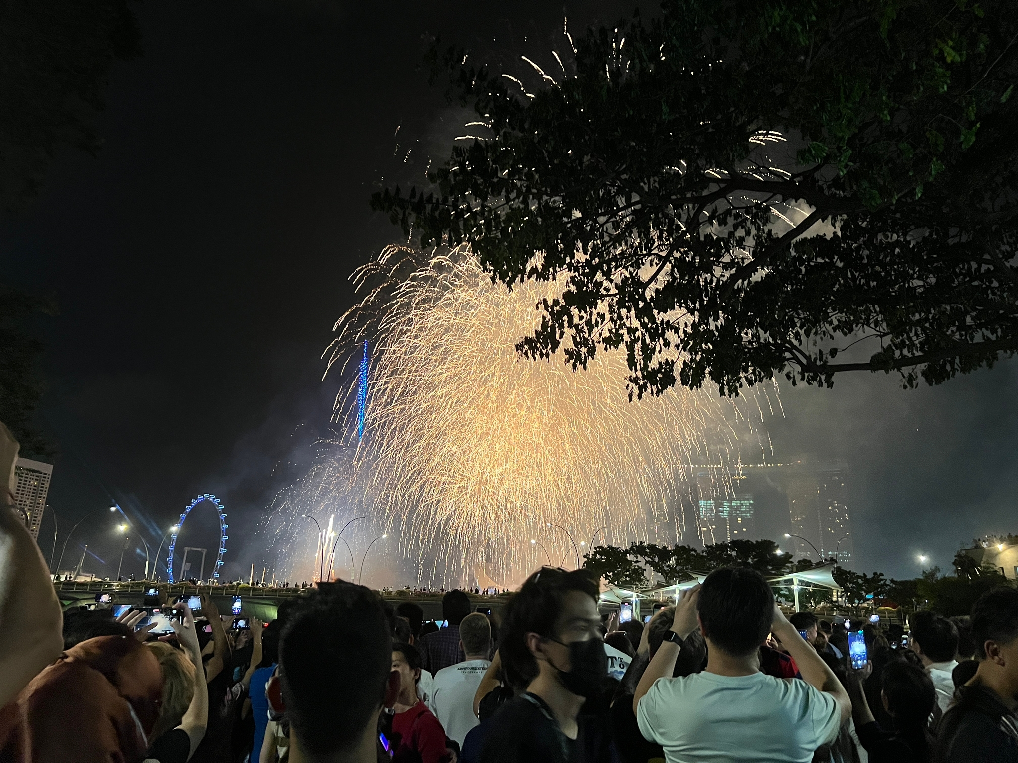 一张烟花图片。可见许多游客在滨海湾广场举起手机拍摄空中的烟花。背景是新加坡摩天轮与金沙酒店